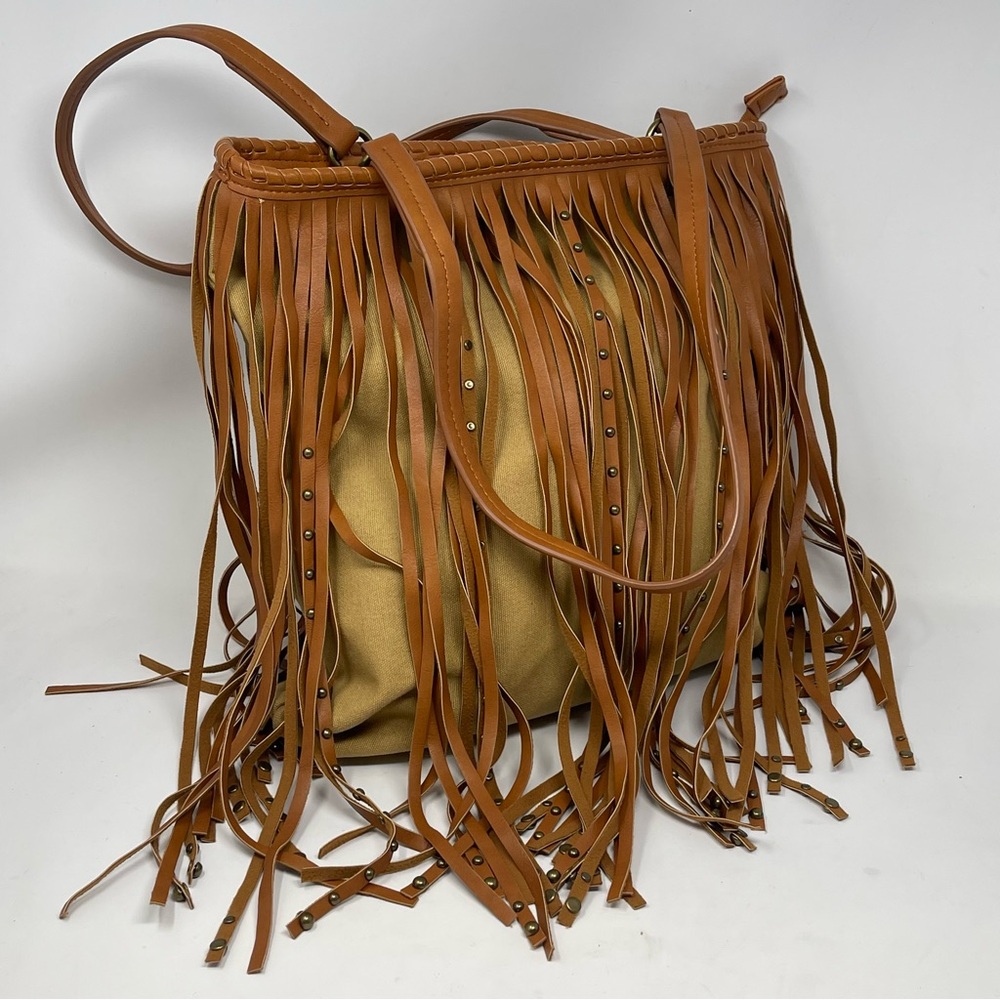 Charming Charlie Ryder Studded Fringe Purse Shoulder Bag Brown Canvas Boho - Picture 2 of 16
